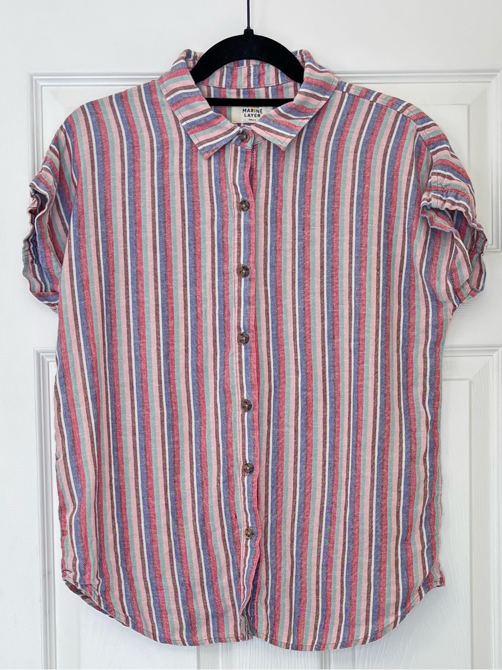 Marine Layer Linen Blend Dana Striped Multicolor Button Up Short Sleeve Shirt